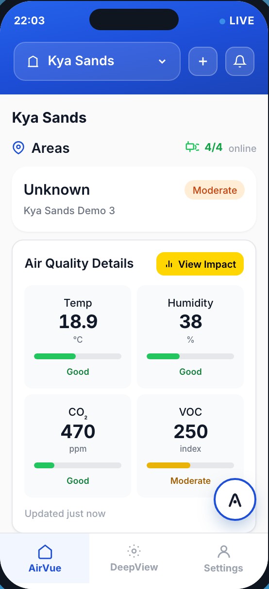 SensusAir app showing live Kya Sands air-quality readings